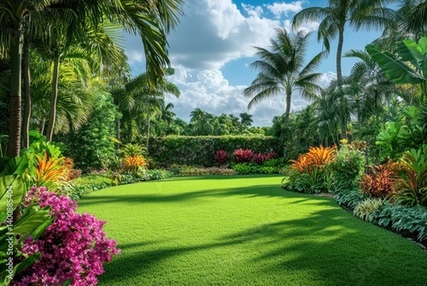 Fototapeta Lush tropical garden with vibrant flowers and palm trees under a cloudy blue sky view scene