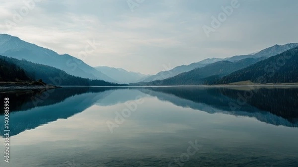 Fototapeta Serene lake reflecting mountains under a cloudy sky, evoking calm and peace.