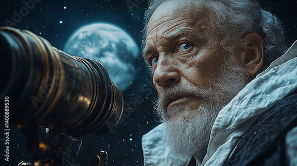 Fototapeta Awe-Inspiring Portrait of Galileo Galilei Discovering Lunar Craters Under Starry Sky