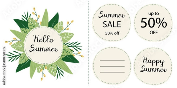 Fototapeta Set of round summer labels with handwritten text and botanical decorations. Includes sale announcement, greeting messages, and blank label. Perfect for seasonal design, branding, and packaging.