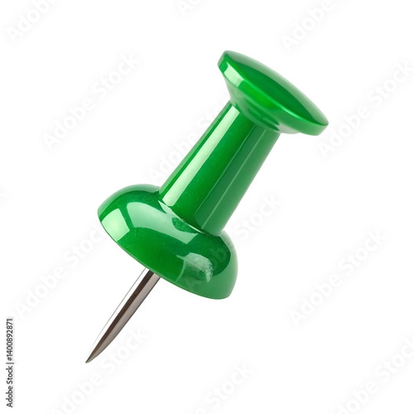 Fototapeta Green push pin 3d rendering isolated on transparent background. Push pin cut out.