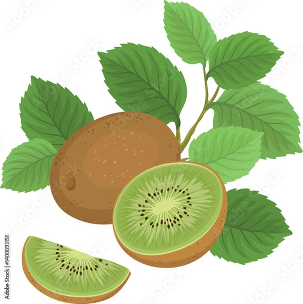 Fototapeta Fresh and tasty kiwi, fruit brunch. Vector illustration of vitamin, nutritious kiwi fruit whole, piece and brunch isolated on white background