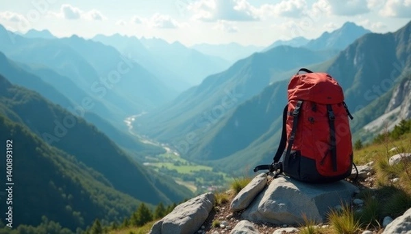 Fototapeta Lone backpack rests on a rocky summit overlooking valley, steep, high altitude, panorama