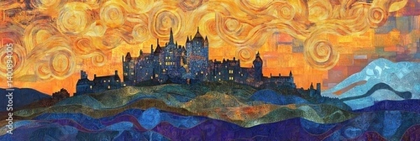Obraz Abstract painting of a castle silhouette against a colorful sky and landscape.