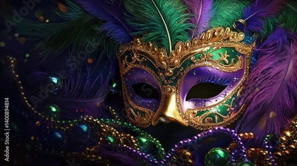 Fototapeta Mysterious Mardi Gras Mask: A Celebration of Feathers, Beads, and Intrigue