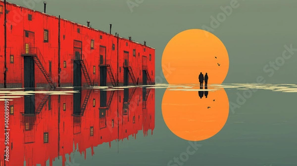 Obraz Holocaust minimalist vector art with red barracks, sunset reflection and two lone figures
