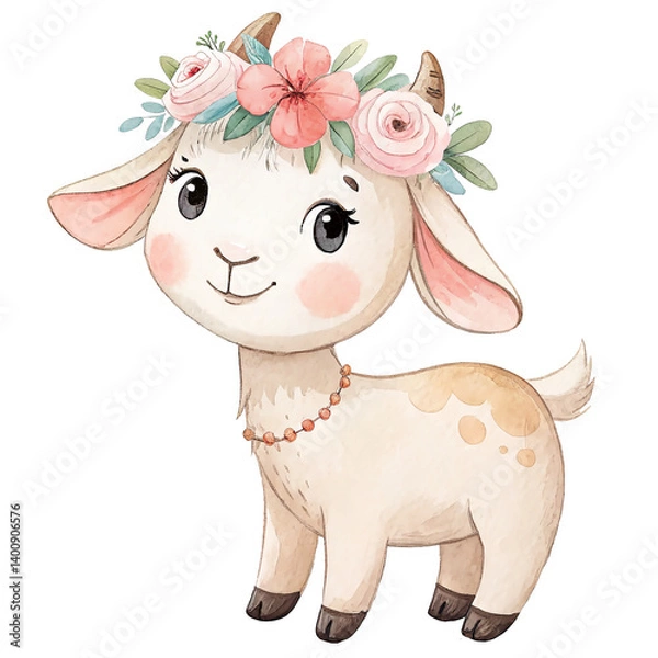 Obraz Cute little goat character in floral wreath. Isolated watercolor illustration.