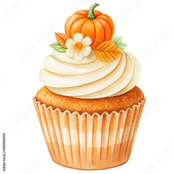 Obraz Cupcake with autumn decor and  pumpkin on top.  Isolated waterclor food illustration.
