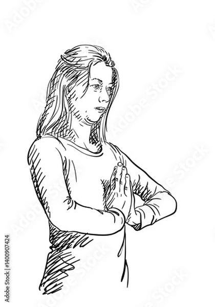 Fototapeta Woman in a prayer or meditation pose, hands pressed together. Hand drawn vector sketch with black strokes on a white background, expressing calmness, spirituality, and mindfulness