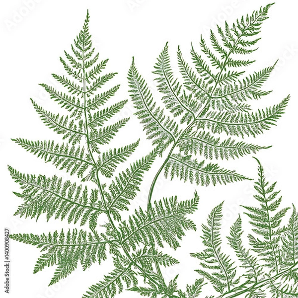 Fototapeta illustrations of various trees, leaves, grasses, and botanical elements on white background.