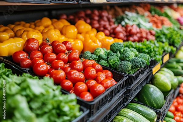 Obraz Various types of vegetables, such as carrots, broccoli, tomatoes, and spinach, provide many nutritional values and can be consumed raw, cooked, or roasted.


