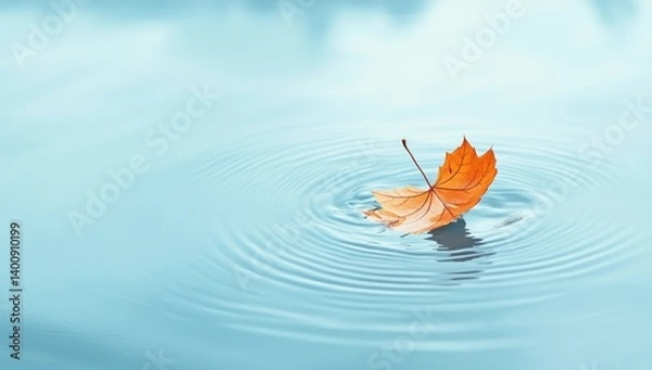 Fototapeta Single orange leaf floating on rippled water surface creating concentric circles.
