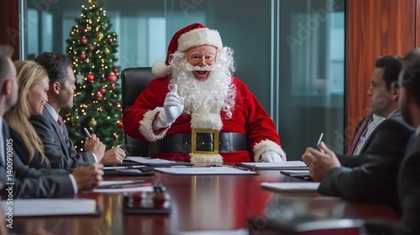 Fototapeta Santa Claus a boardroom meeting presenting Christmas logistics to business executives