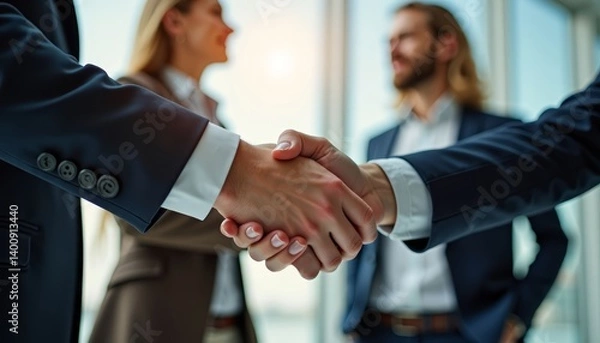 Fototapeta Business professionals engaging in a handshake during a meeting in a modern office setting at sunset
