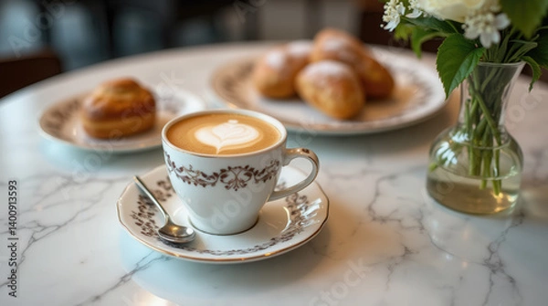 Obraz A warm cup of coffee sits on a decorative saucer, accompanied by fresh pastries on a nearby plate. The inviting atmosphere features elegant decor and soft lighting, perfect for a morning treat