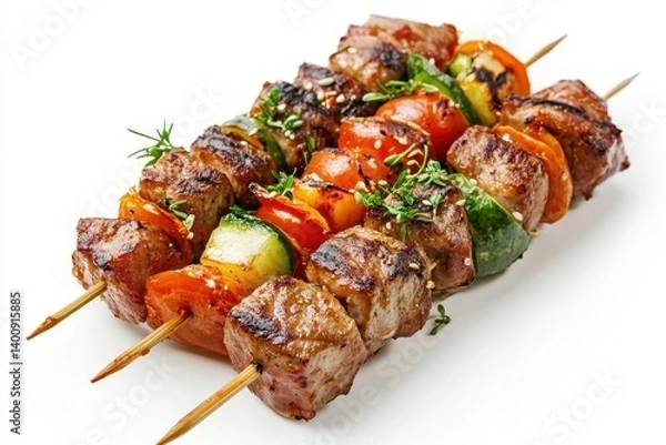 Fototapeta Grilled skewers with meat and vegetables (1)