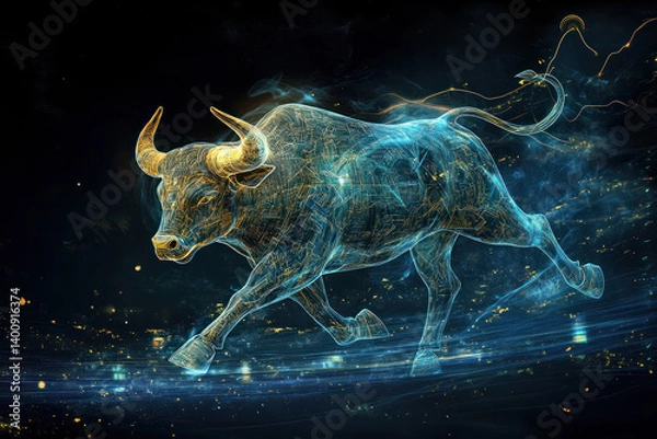 Fototapeta glowing digital bull running through abstract dark background. strength and power concept. financial markets and investment. futuristic and dynamic design.