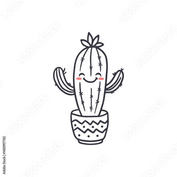 Fototapeta Cute cartoon cactus with eyes on the white background. Funny cactus in doodle style. Vector illustration