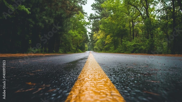 Obraz Rainy Empty Road In Forest Closeup
