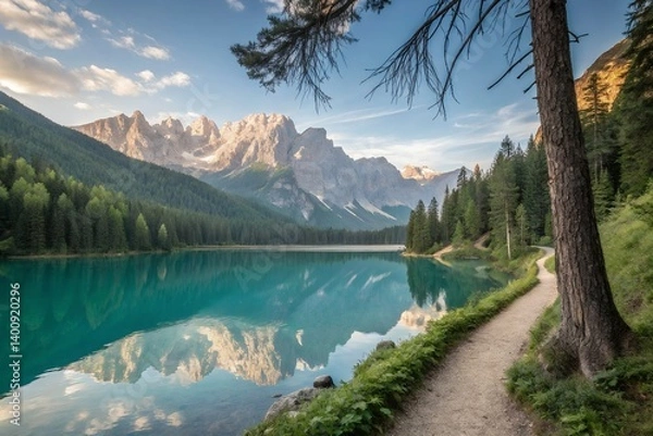 Obraz A serene mountain lake reflecting majestic peaks, a tranquil path winding through lush greenery under a clear sky with warm light.