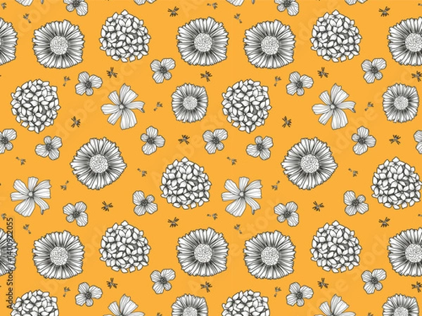 Fototapeta Seamless bright-yellow pattern with flowers in line art style. Perfect for modern decor, textiles, branding, and digital design. Vivid, minimalist, and eye-catching for any creative project.