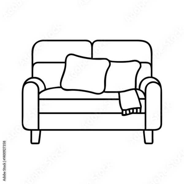 Fototapeta Comfortable Line Drawing of a Cozy Sofa with Pillows and Throw Blanket