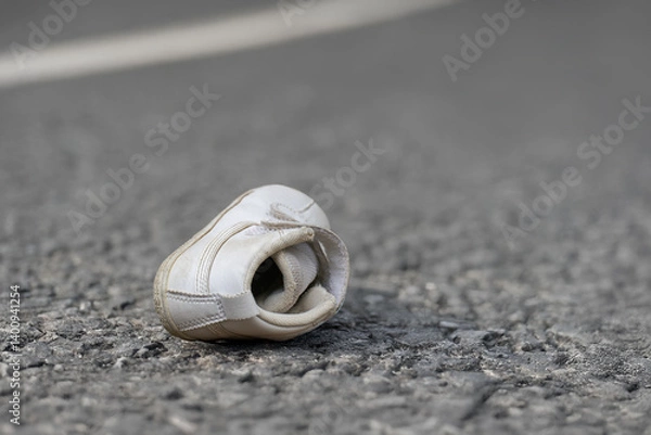 Obraz アスファルトの道路に落ちている子供の小さな靴