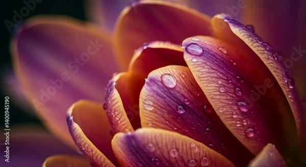 Fototapeta Captivating macro shot of a flower's petals adorned with delicate water droplets, revealing nature's intricate beauty and vibrant colors.