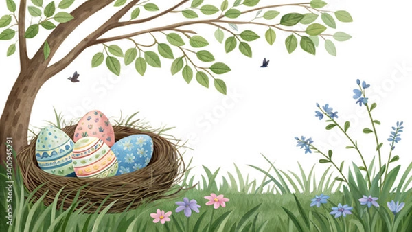 Fototapeta Easter eggs in a basket isolated on transparent background