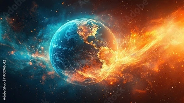 Fototapeta A vibrant globe of Earth is encircled by glowing energy streams in blue and orange hues.