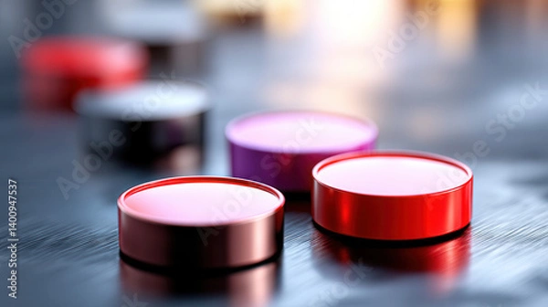 Obraz Colorful round containers with glossy lids on reflective surface, creating modern and vibrant aesthetic