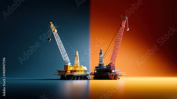 Fototapeta Two industrial cranes face each other, one yellow and one red, symbolizing energy industry diversification