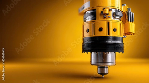 Fototapeta Close up of yellow industrial drilling machine head with precision components, set against vibrant yellow background