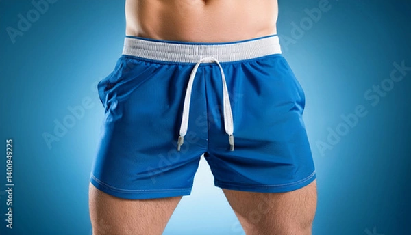 Obraz Blue athletic shorts with a white waistband and drawstring