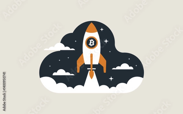 Fototapeta Bitcoin Rocket Launch A Symbol of Cryptocurrency Growth, A stylized illustration of a rocket carrying a Bitcoin symbol, soaring through a night sky filled with clouds.