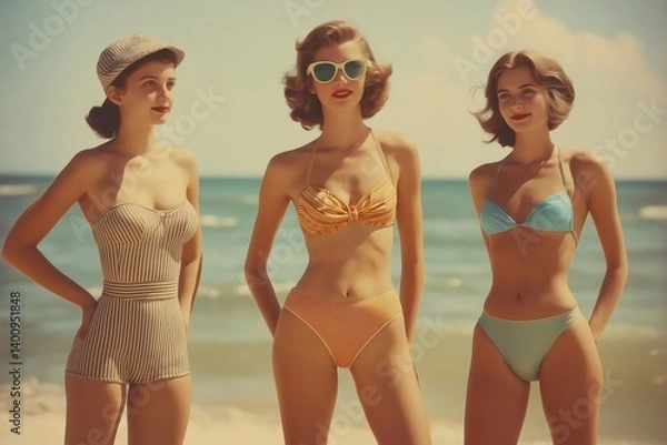 Obraz Swimsuit fashion evolution from 1920s to today displayed across seaside timeline