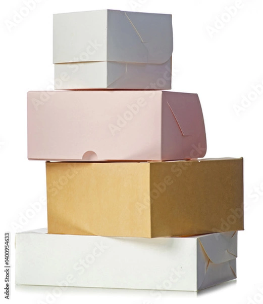 Fototapeta Stack of cardboard white brown pink boxes on white background isolation
