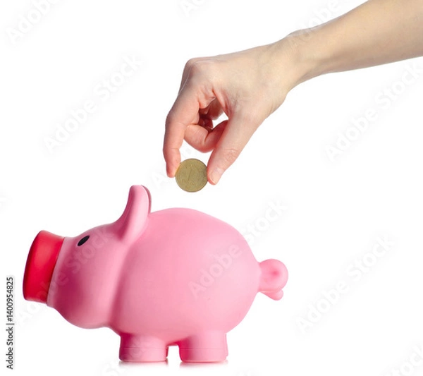 Fototapeta Pink piggy bank with gold coin in hand on white background isolation