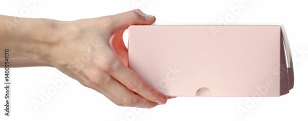 Obraz Pink bakery box for cakes or cookies in hand on white background isolation