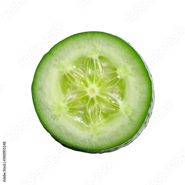 Obraz A refreshing cucumber slice, perfectly centered, showcasing its vibrant green hue and crisp texture against a bright transparent background.