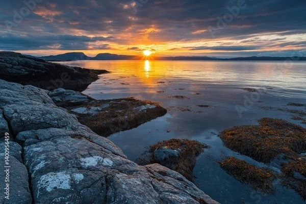 Fototapeta A radiant sunrise with fiery golden hues illuminating the still surface of the ocean, creating a peaceful and awe-inspiring morning scene