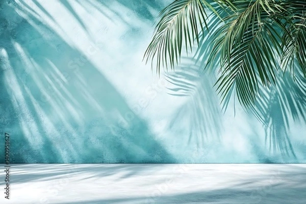 Obraz Abstract gradient blue studio background for product presentation. Empty room with shadows of window and flowers and palm leaves . 3d room with copy space. Summer concert. Blurred backdrop.