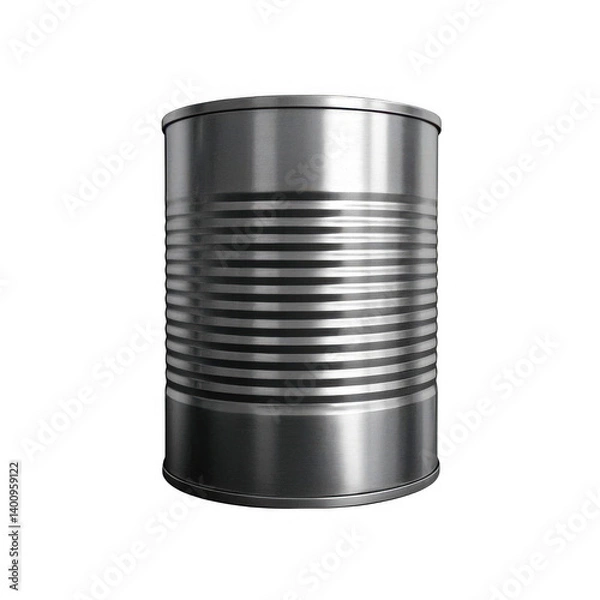 Fototapeta A solitary metal can, reflecting light, sits on a pristine white background, its cylindrical form and textured surface subtly hinting at stories of preservation and sustenance. transparent background.
