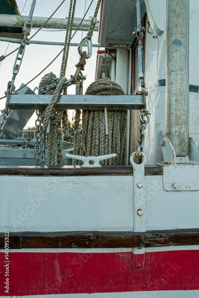 Obraz Ropes hanging on the side of a commercial fishing vessel docked in the harbor at Ilwaco, Washington, USA