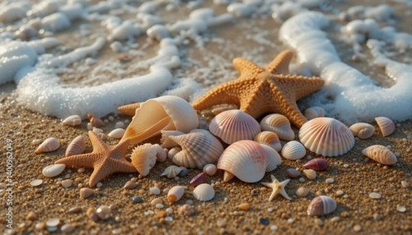 Fototapeta starfish and shells on the beach