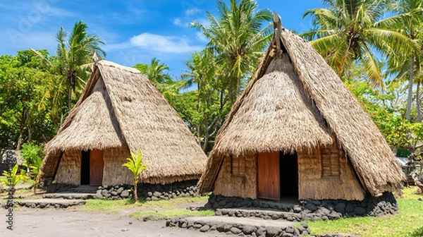 Fototapeta Two Traditional Thatched Huts in a Tropical Village Setting With Lush Green Foliage and Clear Blue Skies on a Sunny Day