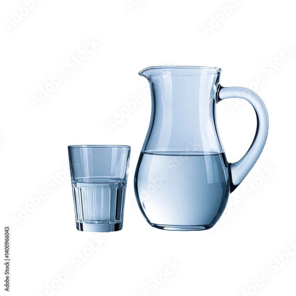 Fototapeta Refreshing hydration: a pitcher and glass of cool, clear water, beautifully illuminated against a pristine transparent background.