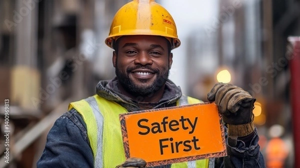 Obraz Construction worker smiling and holding safety first sign