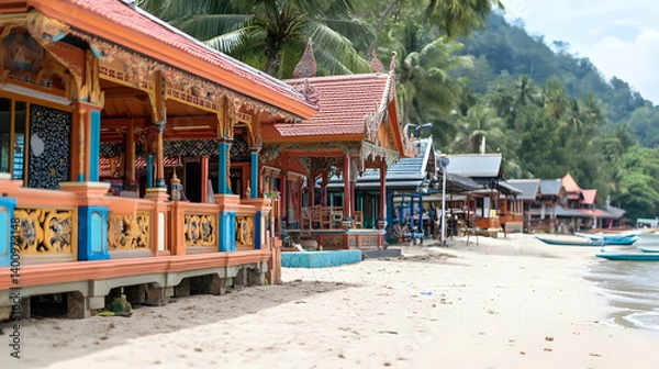Fototapeta Vibrant Ornate Structures Along Sandy Beach Coastline with Tropical Foliage and Clear Turquoise Waters on Sunny Day