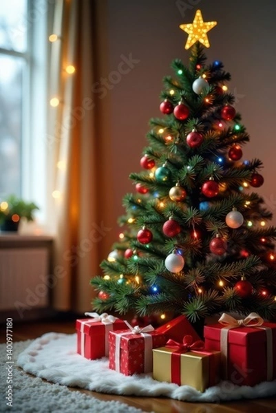 Fototapeta Decorated Christmas tree with colorful lights and presents, Presents, Christmas Tree